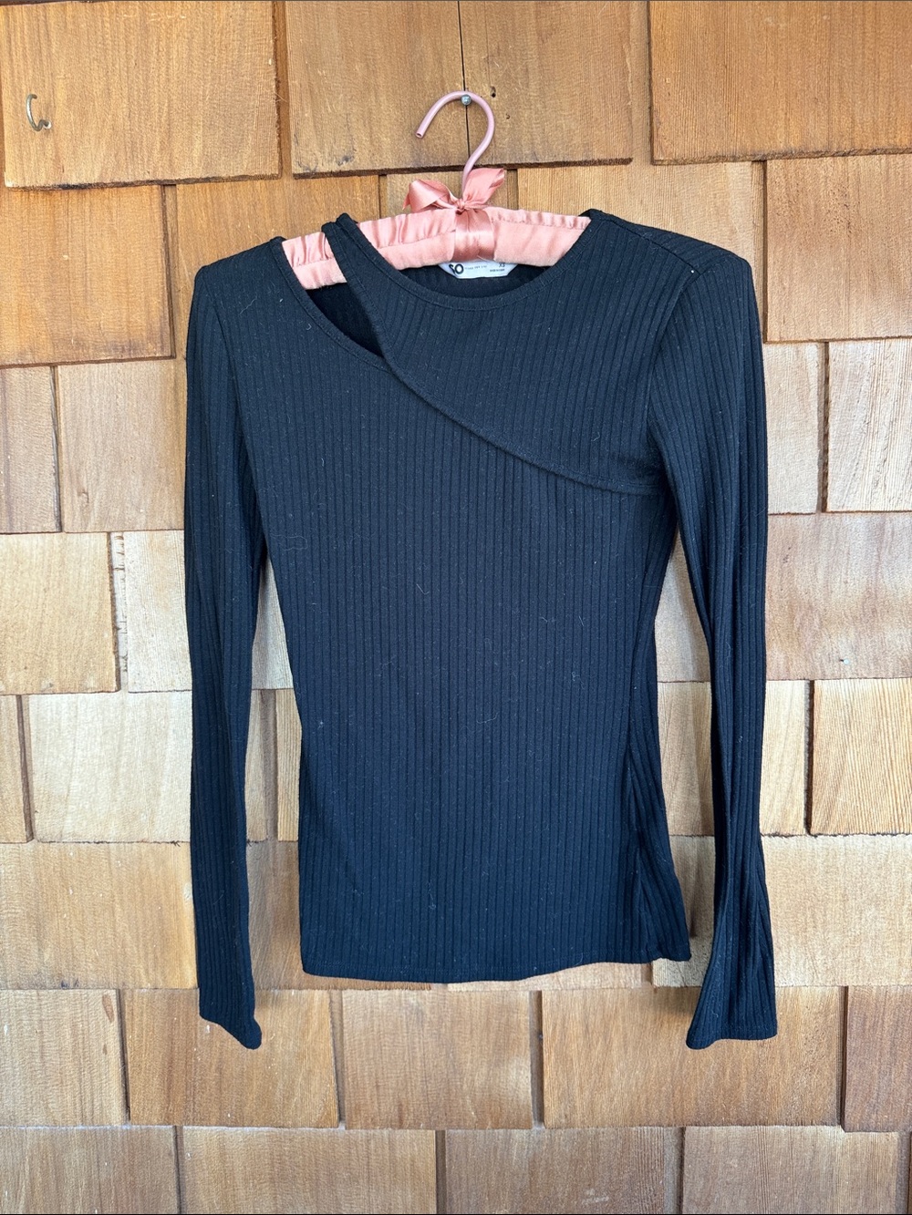 Asymmetric Cutout Ribbed Long-Sleeve Top - Black